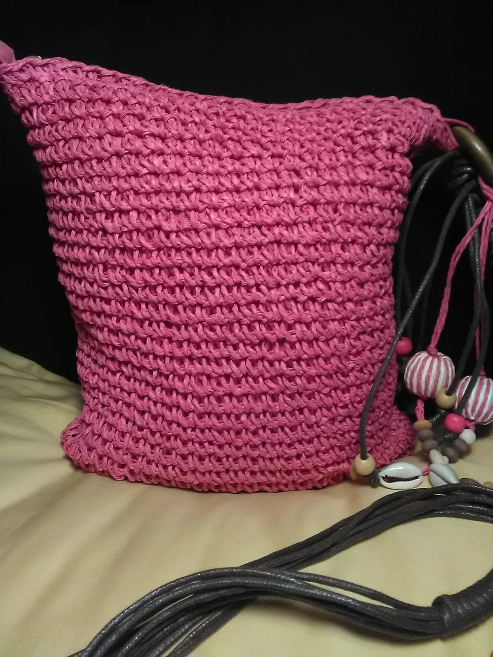 NWOT Handmade Pink Crochet Crossbody Bag LEATHER Beaded Strap